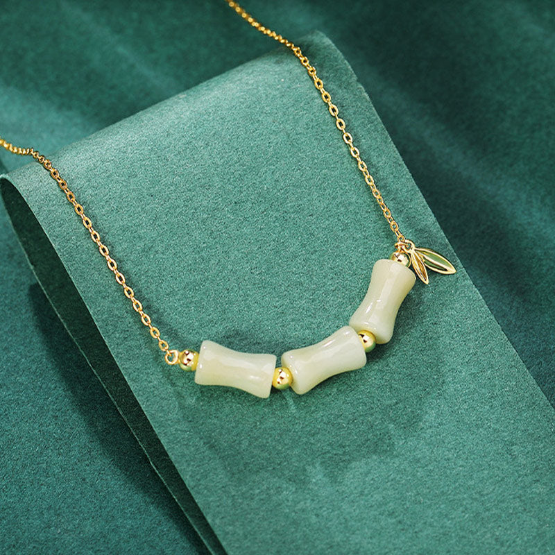 Collier pendentif en argent sterling 925 Buddha Stones et jade Hetian en bambou et caractère Fu
