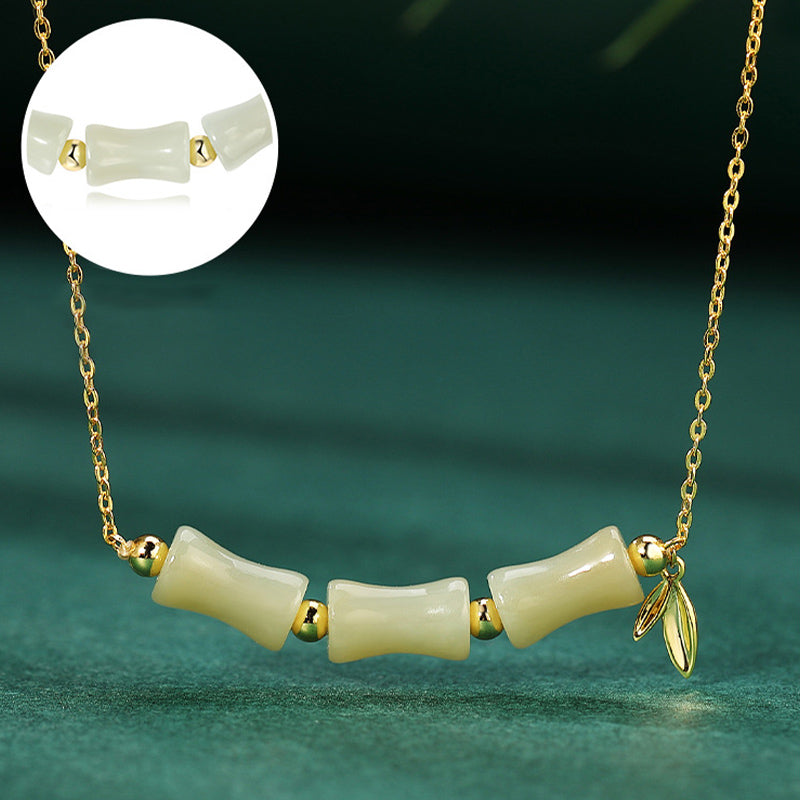 Collier pendentif en argent sterling 925 Buddha Stones et jade Hetian en bambou et caractère Fu