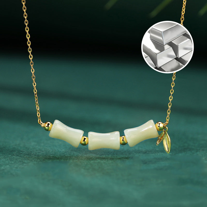 Collier pendentif en argent sterling 925 Buddha Stones et jade Hetian en bambou et caractère Fu