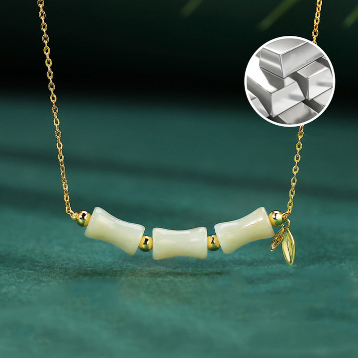 Collier pendentif en argent sterling 925 Buddha Stones et jade Hetian en bambou et caractère Fu