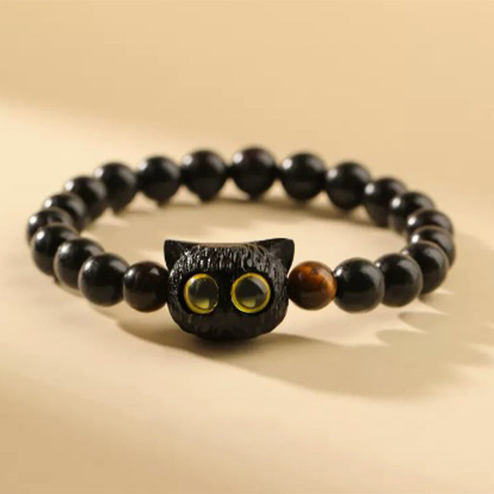 Bracelet de paix en bois d'ébène avec joli motif tête de chat et Buddha Stones - image 2