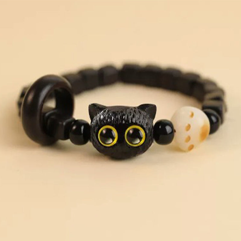 Bracelet de paix en bois d'ébène avec joli motif tête de chat et Buddha Stones - Graine de Bodhi du chat ébène (circonférence du poignet 14-16 cm) - image 9