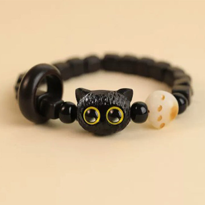 Bracelet de paix en bois d'ébène avec joli motif tête de chat et Buddha Stones - Graine de Bodhi du chat ébène (circonférence du poignet 14-16 cm) - image 9