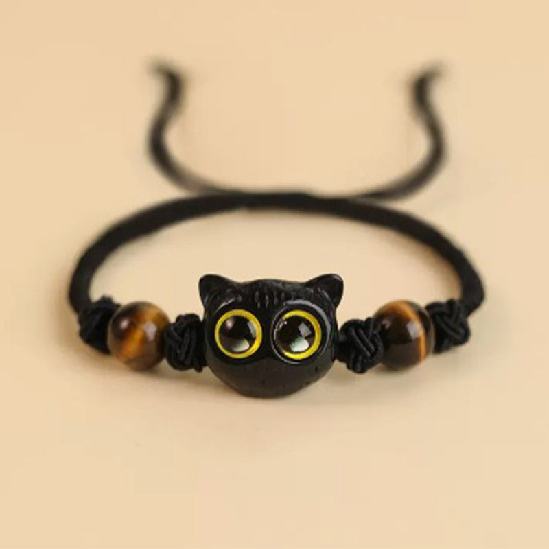 Bracelet de paix en bois d'ébène avec joli motif tête de chat et Buddha Stones - Bracelet en corde œil de tigre et chat ébène (tour de poignet 14-18 cm) - image 11