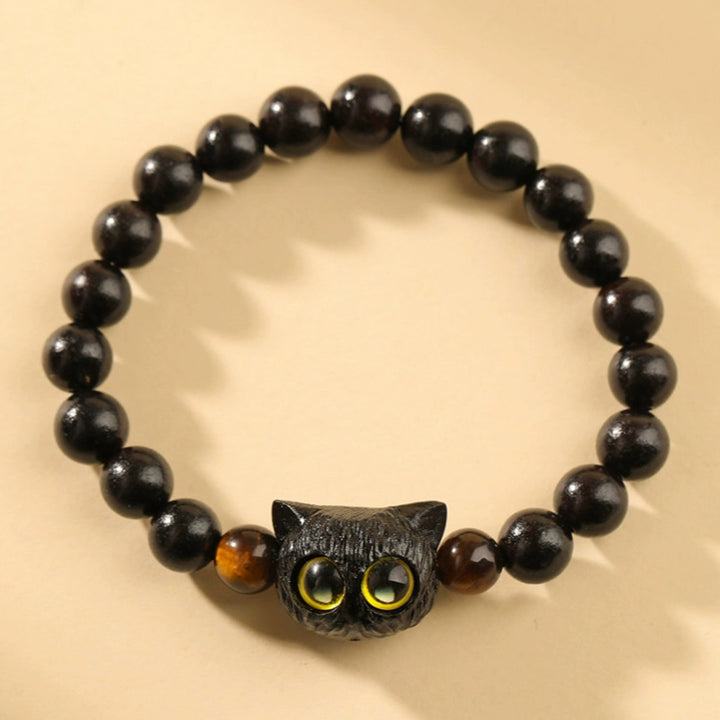 Bracelet de paix en bois d'ébène avec joli motif tête de chat et Buddha Stones - Chat ébène œil de tigre (tour de poignet 14-16 cm) - image 1
