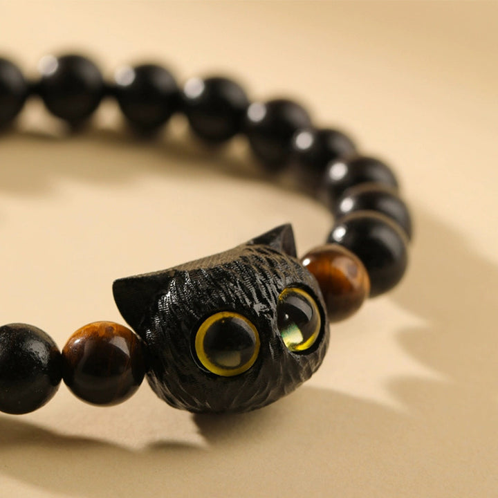 Bracelet de paix en bois d'ébène avec joli motif tête de chat et Buddha Stones - image 3