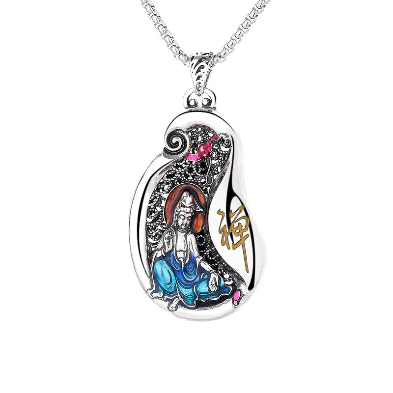 Collier pendentif en cuivre avec motif de lotus Avalokitesvara et Buddha Stones