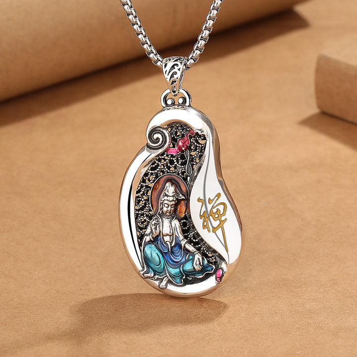 Collier pendentif en cuivre avec motif de lotus Avalokitesvara et Buddha Stones