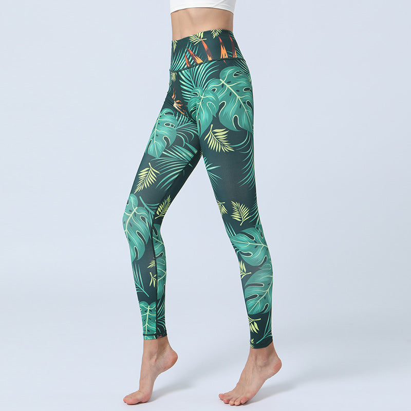 Pantalon imprimé Buddha Stones Leaves Sports Fitness Yoga Leggings taille haute Pantalon de yoga pour femme - Feuilles vertes - US8-10，UK/AU12-14，EU40-42 (XL)  - image 0