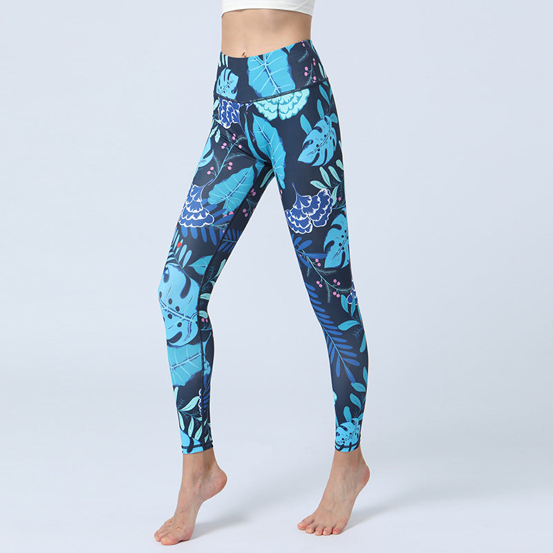 Pantalon imprimé Buddha Stones Leaves Sports Fitness Yoga Leggings taille haute Pantalon de yoga pour femme - Feuilles bleues - US8-10，UK/AU12-14，EU40-42 (XL)  - image 4
