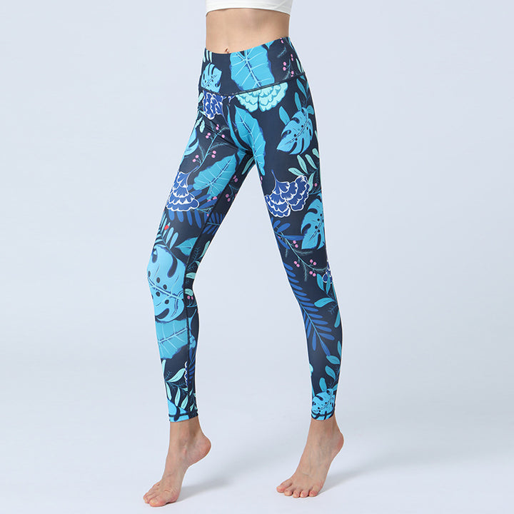 Pantalon imprimé Buddha Stones Leaves Sports Fitness Yoga Leggings taille haute Pantalon de yoga pour femme - Feuilles bleues - US8-10，UK/AU12-14，EU40-42 (XL)  - image 4