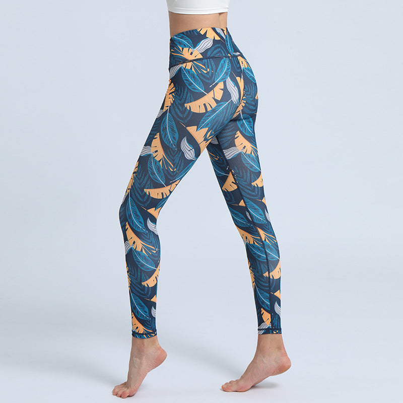 Pantalon imprimé Buddha Stones Leaves Sports Fitness Yoga Leggings taille haute Pantalon de yoga pour femme - Feuilles bleu acier jaune - US8-10，UK/AU12-14，EU40-42 (XL)  - image 11