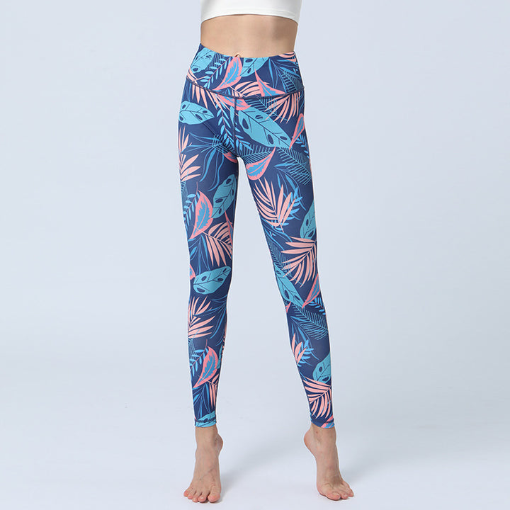 Pantalon imprimé Buddha Stones Leaves Sports Fitness Yoga Leggings taille haute Pantalon de yoga pour femme - Feuilles bleu-rose - US8-10，UK/AU12-14，EU40-42 (XL)  - image 15