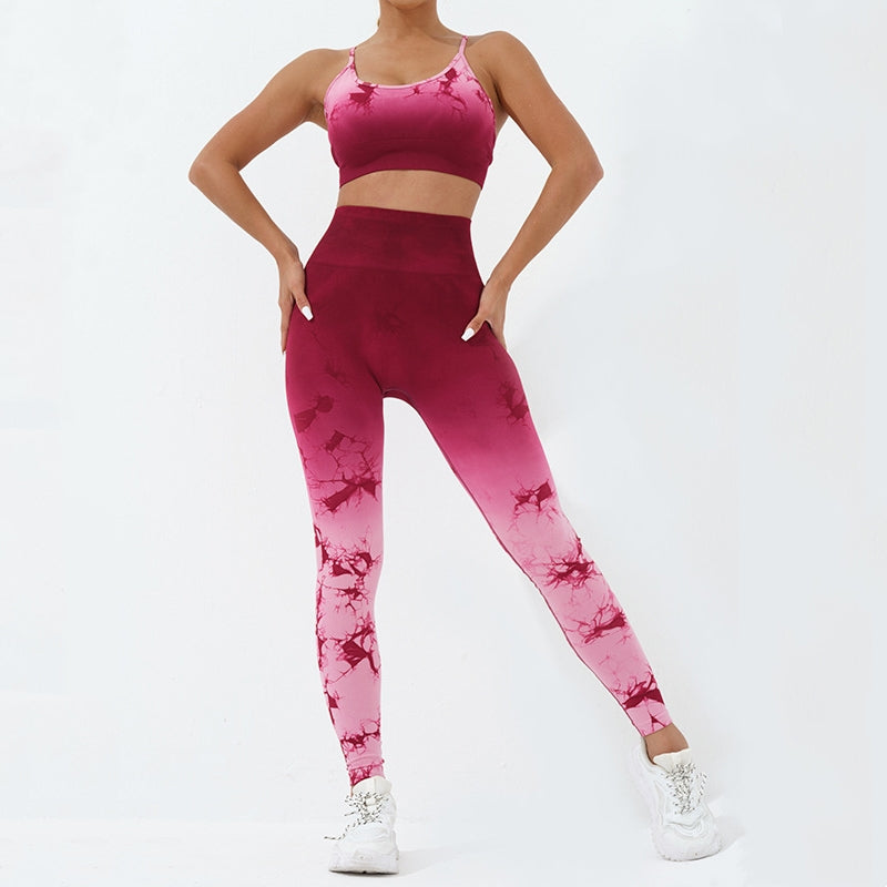 Buddha Stones Lot de 2 débardeurs courts imprimés tie-dye simples pour femmes, pantalons taille haute, tenues de sport, ensembles de yoga - image 1