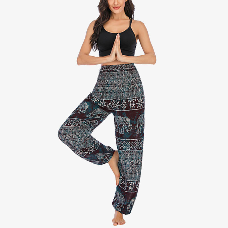 Pantalon de yoga ample et décontracté à taille haute pour femme avec motif d'éléphant et Buddha Stones - Black Elephant - US 2-8/10, UK/AU 6-12/14, EU 34-40/42 (F) - image 0