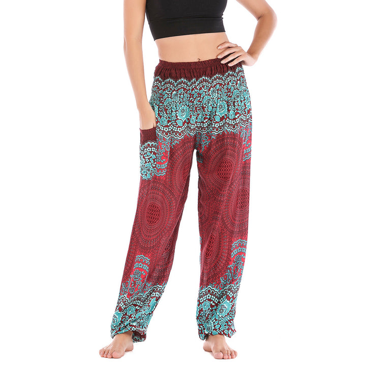 Pantalon de yoga taille haute pour femme, ample et décontracté, motif géométrique rond avec Buddha Stones - Rouge Vert-US2-8/10，UK/AU6-12/14，EU34-40/42 (F) - image 0