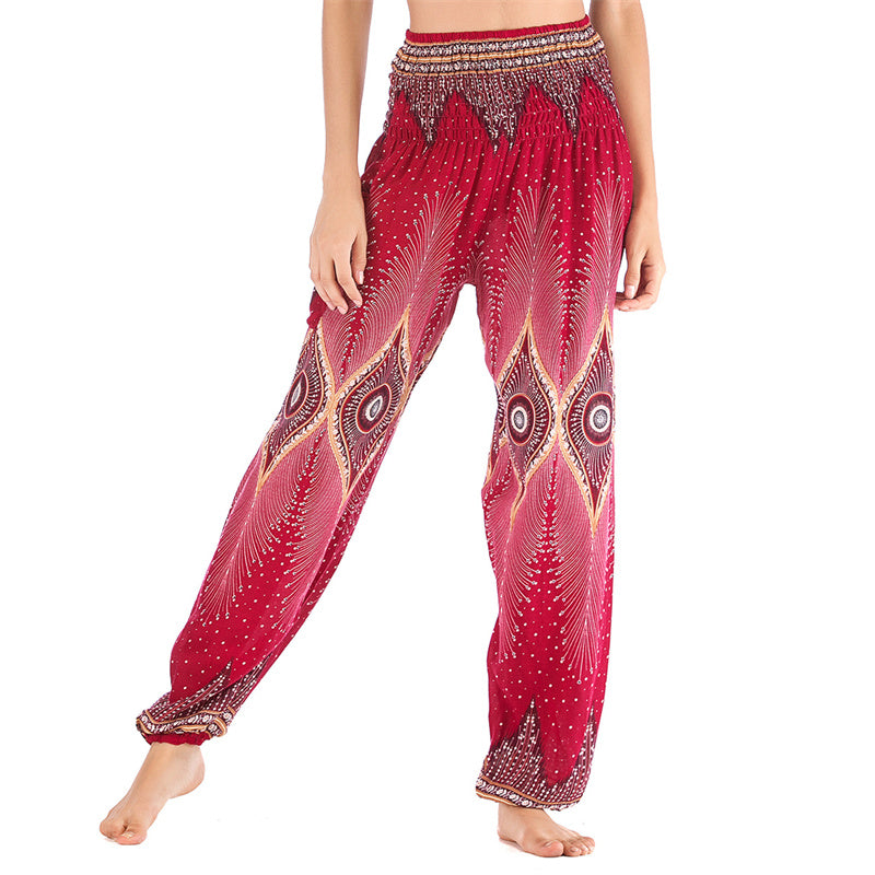 Pantalon de yoga ample à smocks avec petits yeux et plumes de paon pour femme, taille haute - Rouge - US2-8/10, UK/AU6-12/14, EU34-40/42 (F) - image 1