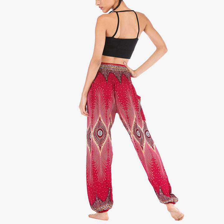 Pantalon de yoga ample à smocks avec petits yeux et plumes de paon pour femme, taille haute - image 3