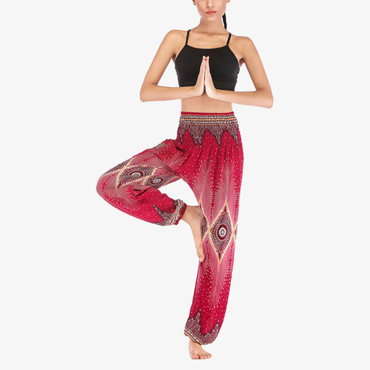 Pantalon de yoga ample à smocks avec petits yeux et plumes de paon pour femme, taille haute - image 1