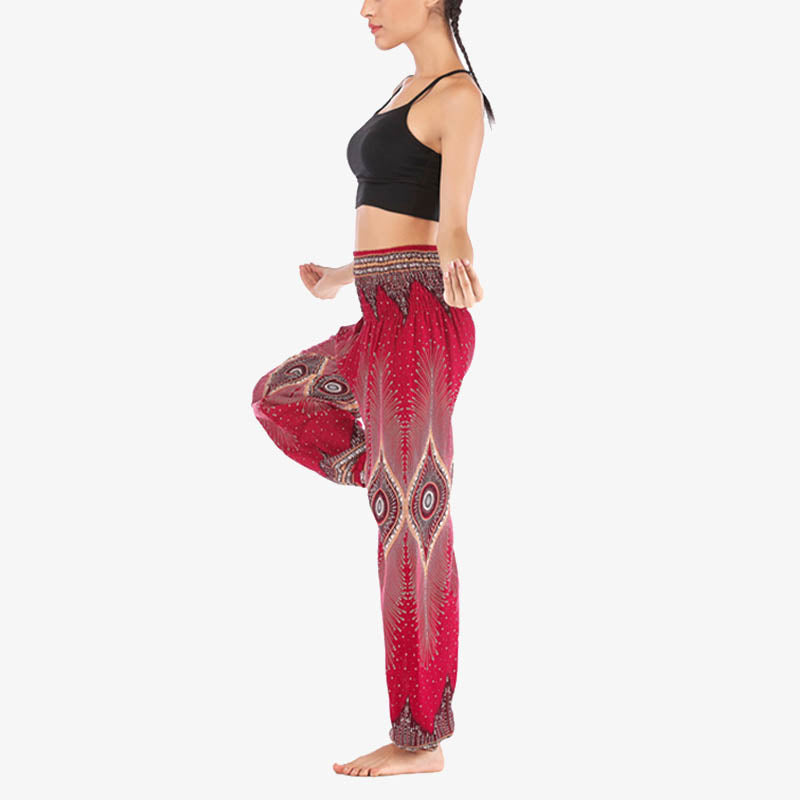 Pantalon de yoga ample à smocks avec petits yeux et plumes de paon pour femme, taille haute - image 3