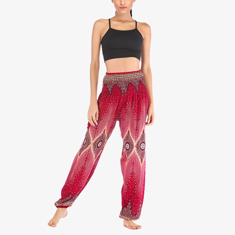 Pantalon de yoga ample à smocks avec petits yeux et plumes de paon pour femme, taille haute - image 7
