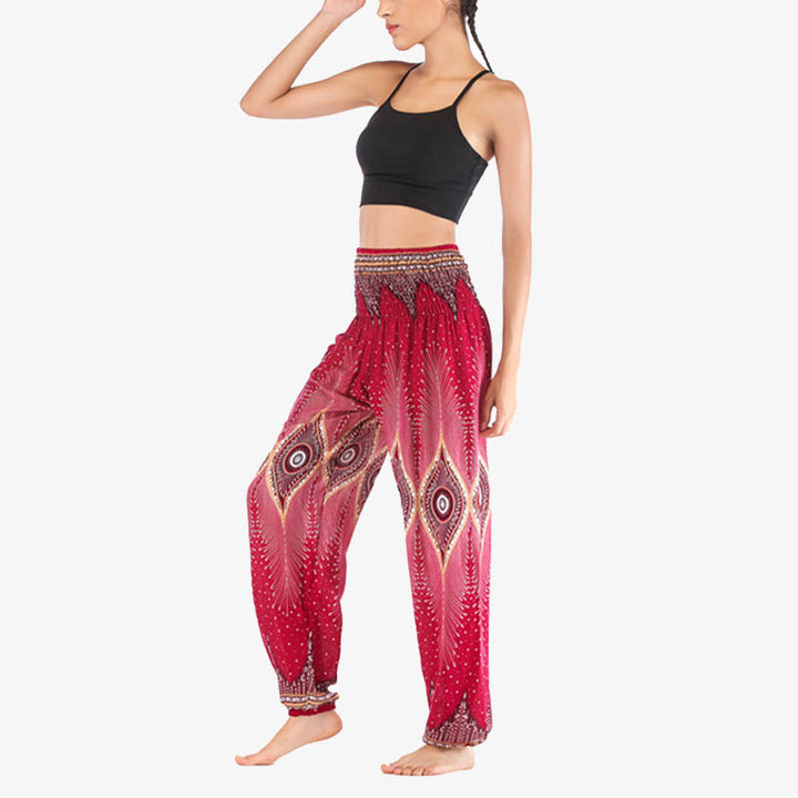 Pantalon de yoga ample à smocks avec petits yeux et plumes de paon pour femme, taille haute - image 7