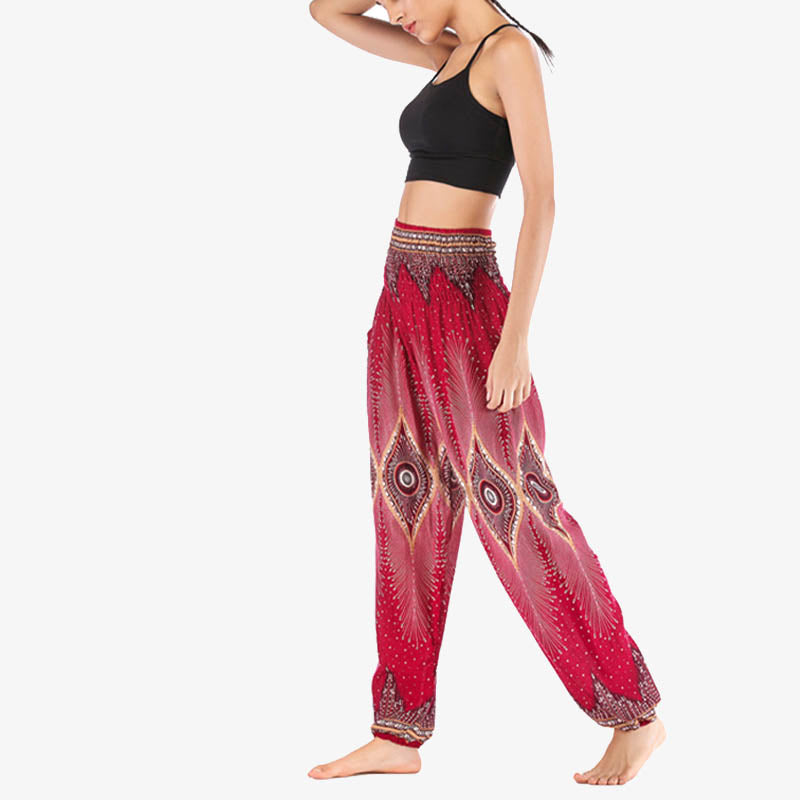 Pantalon de yoga ample à smocks avec petits yeux et plumes de paon pour femme, taille haute - image 9