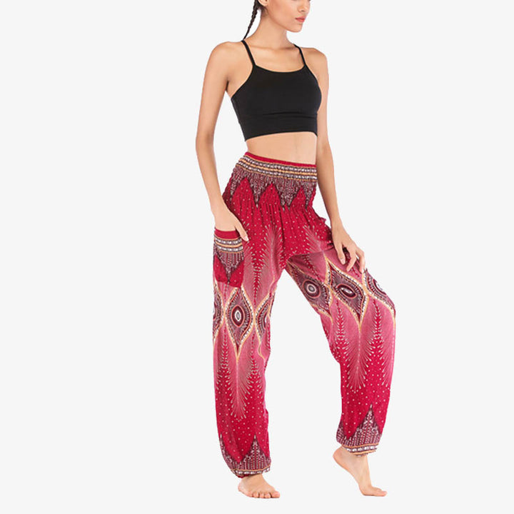 Pantalon de yoga ample à smocks avec petits yeux et plumes de paon pour femme, taille haute - image 9