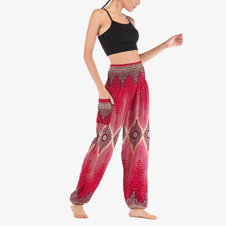 Pantalon de yoga ample à smocks avec petits yeux et plumes de paon pour femme, taille haute - image 10