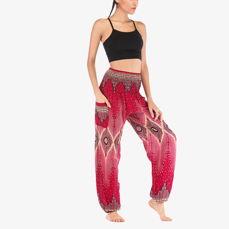 Pantalon de yoga ample à smocks avec petits yeux et plumes de paon pour femme, taille haute - image 10