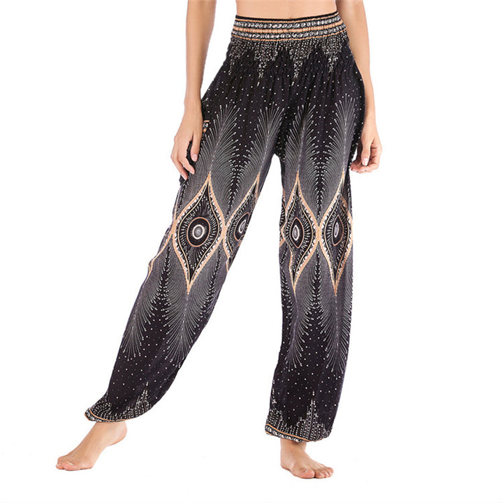 Pantalon de yoga ample à smocks avec petits yeux et plumes de paon pour femme, taille haute - Noir - US2-8/10, UK/AU6-12/14, EU34-40/42 (F) - image 12