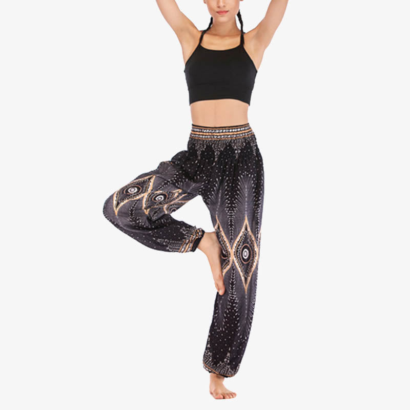Pantalon de yoga ample à smocks avec petits yeux et plumes de paon pour femme, taille haute - image 12