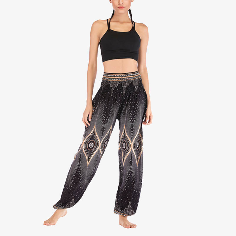Pantalon de yoga ample à smocks avec petits yeux et plumes de paon pour femme, taille haute - image 16
