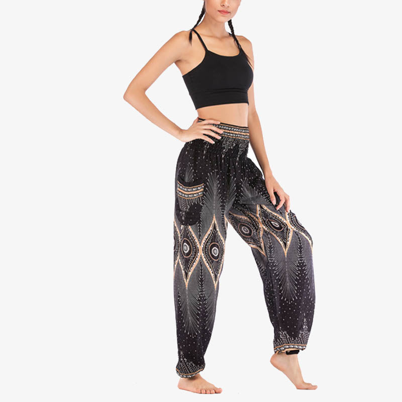 Pantalon de yoga ample à smocks avec petits yeux et plumes de paon pour femme, taille haute - image 14