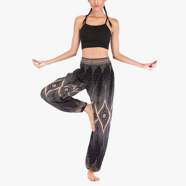 Pantalon de yoga ample à smocks avec petits yeux et plumes de paon pour femme, taille haute - image 17
