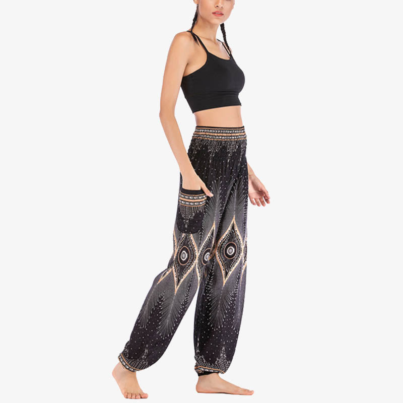Pantalon de yoga ample à smocks avec petits yeux et plumes de paon pour femme, taille haute - image 19