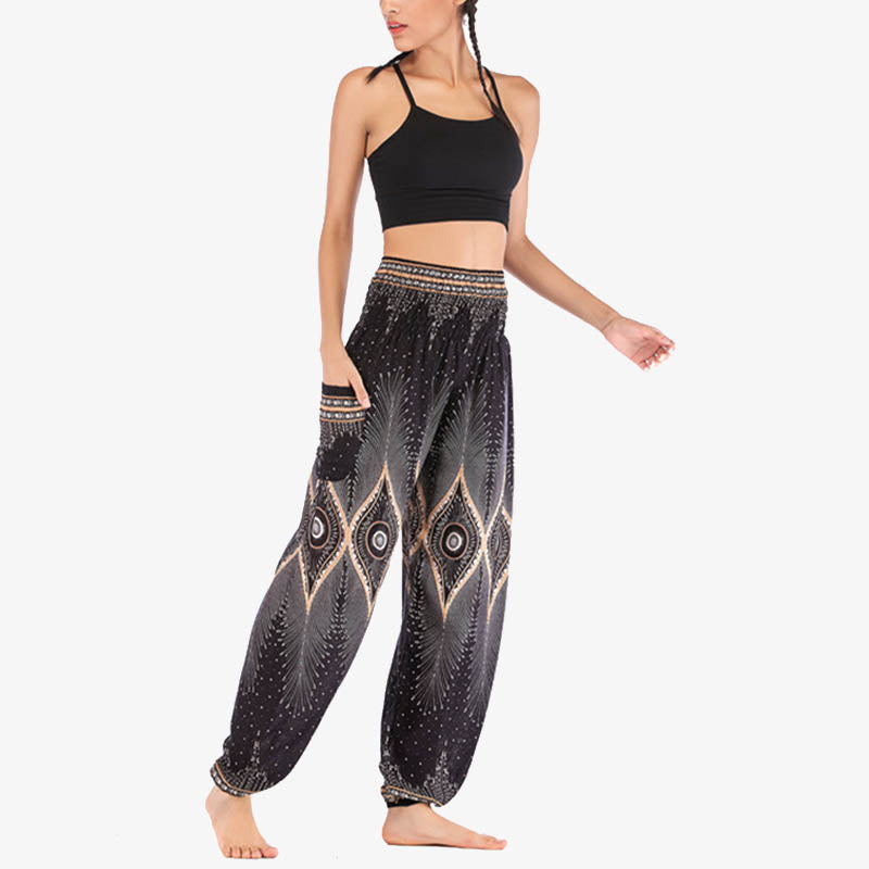 Pantalon de yoga ample à smocks avec petits yeux et plumes de paon pour femme, taille haute - image 20