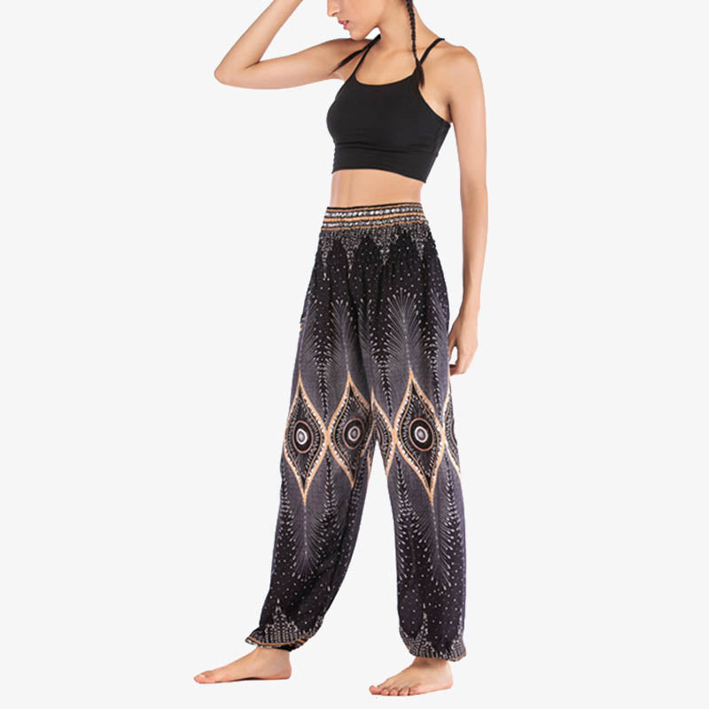 Pantalon de yoga ample à smocks avec petits yeux et plumes de paon pour femme, taille haute - image 21