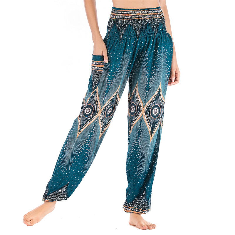 Pantalon de yoga ample à smocks avec petits yeux et plumes de paon pour femme, taille haute - Cyan-US2-8/10，UK/AU6-12/14，EU34-40/42 (F) - image 21