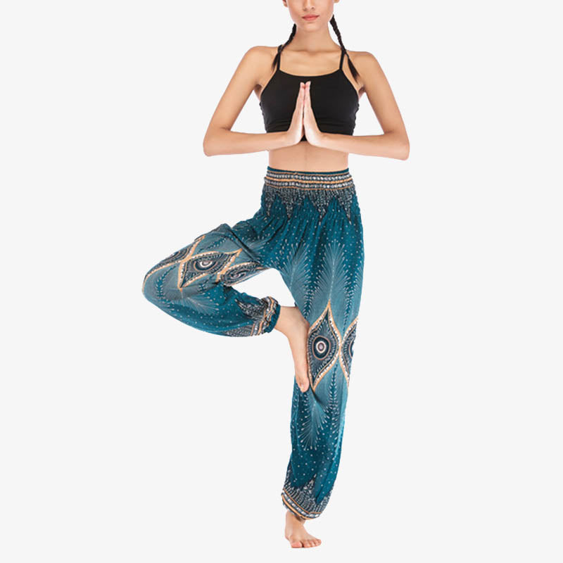 Pantalon de yoga ample à smocks avec petits yeux et plumes de paon pour femme, taille haute - image 23