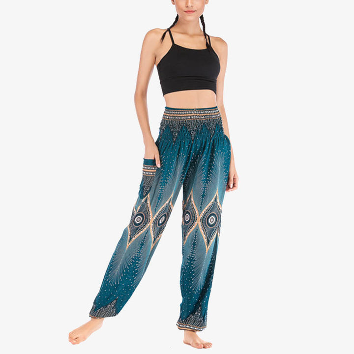 Pantalon de yoga ample à smocks avec petits yeux et plumes de paon pour femme, taille haute - image 26