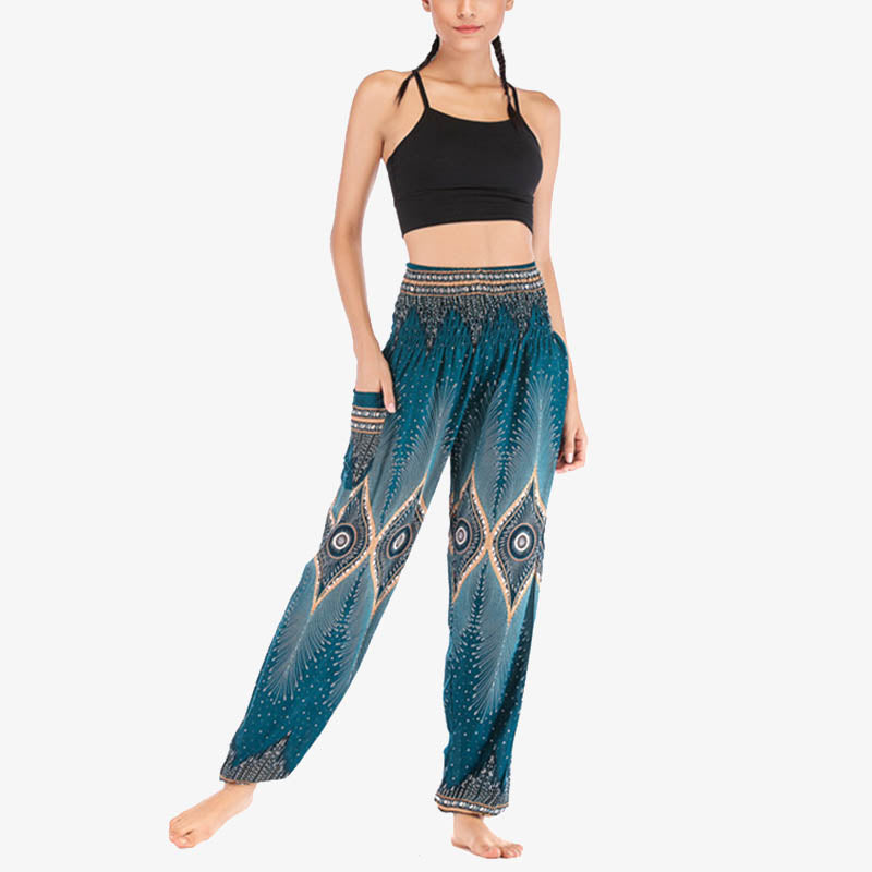 Pantalon de yoga ample à smocks avec petits yeux et plumes de paon pour femme, taille haute - image 27