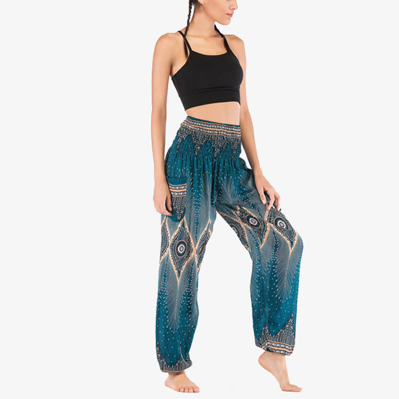 Pantalon de yoga ample à smocks avec petits yeux et plumes de paon pour femme, taille haute - image 24