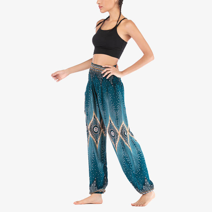 Pantalon de yoga ample à smocks avec petits yeux et plumes de paon pour femme, taille haute - image 27