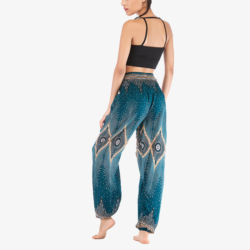 Pantalon de yoga ample à smocks avec petits yeux et plumes de paon pour femme, taille haute - image 25