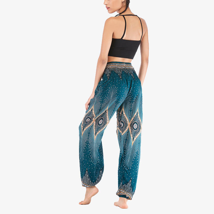 Pantalon de yoga ample à smocks avec petits yeux et plumes de paon pour femme, taille haute - image 25