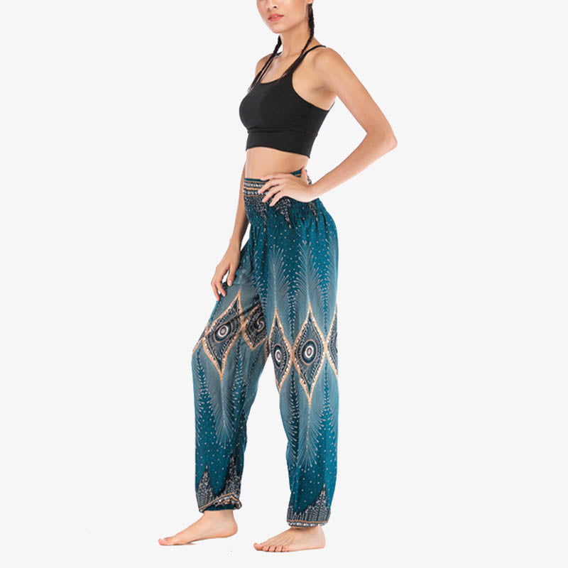 Pantalon de yoga ample à smocks avec petits yeux et plumes de paon pour femme, taille haute - image 29