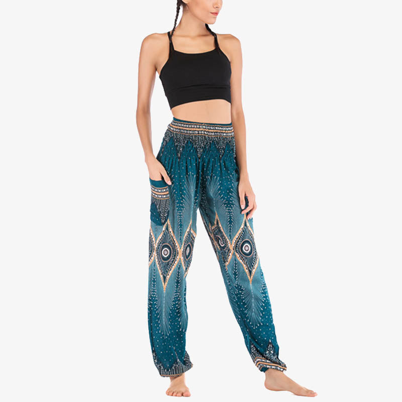 Pantalon de yoga ample à smocks avec petits yeux et plumes de paon pour femme, taille haute - image 31