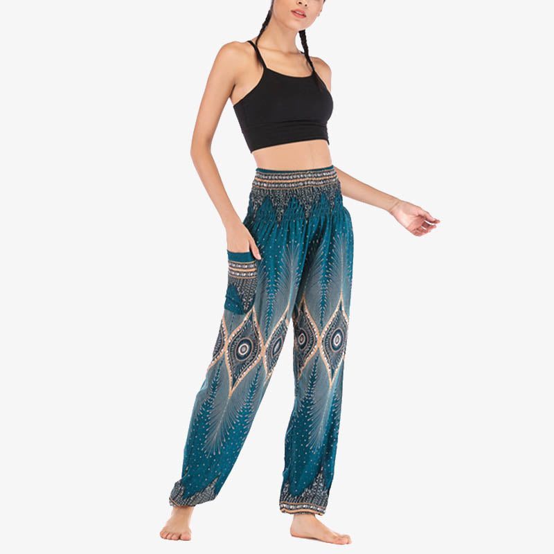Pantalon de yoga ample à smocks avec petits yeux et plumes de paon pour femme, taille haute - image 29