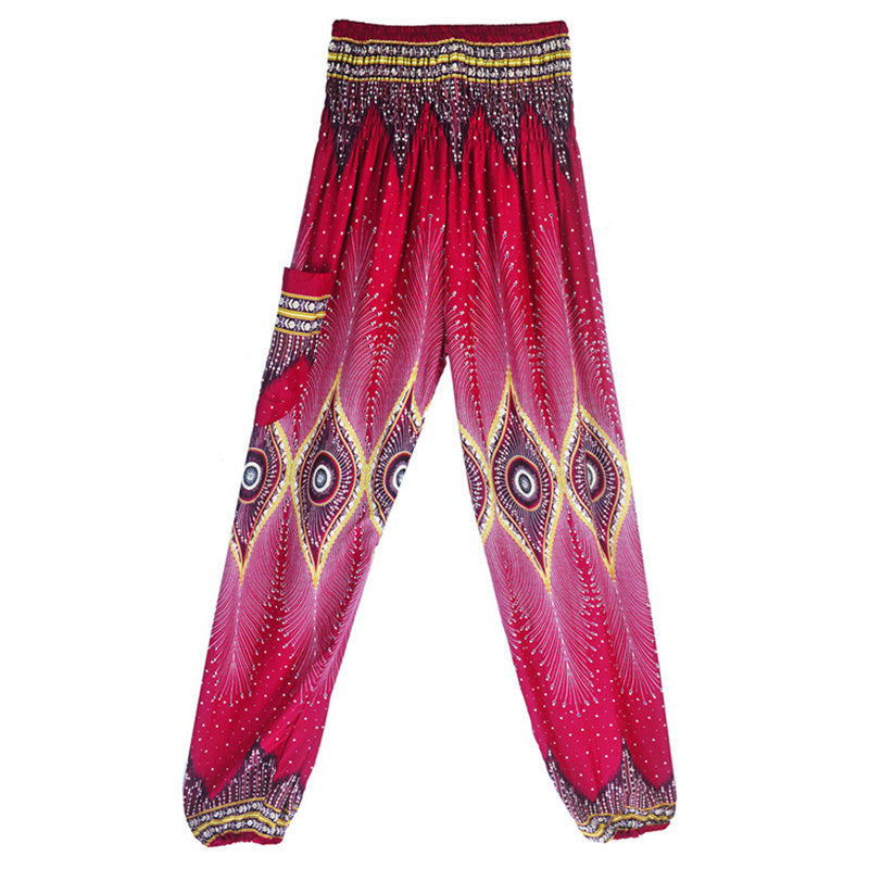 Pantalon de yoga ample à smocks avec petits yeux et plumes de paon pour femme, taille haute - image 4